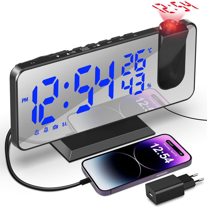 TAKRINK Wecker Digital Radiowecker mit 4 Stufen Bildschirmhelligkeit Projektionswecker mit Temperatu
