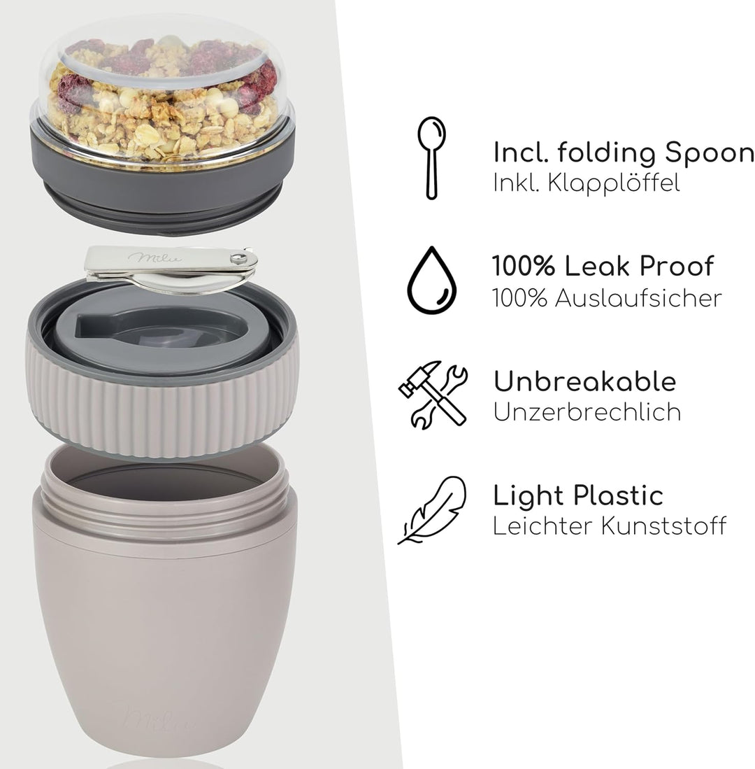 Milu Müslibecher to go 400ml MüsliMax Plastik Joghurtbecher für Müsli I auslaufsicherer Becher mit L