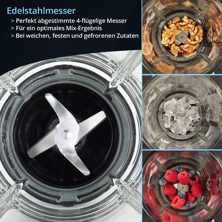 KHG Smoothie Maker Standmixer aus Glas für 1,75 Liter in Schwarz & Edelstahl, mit Messskala, Nachfül