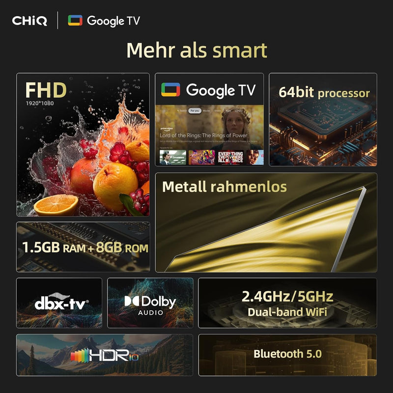 CHIQ L32H8CG 32 Zoll TV, Smart TV, FHD, Rahmenlos Metallschwarz, HDR10&HLG, Triple Tuner(DVB-T2/S2/C