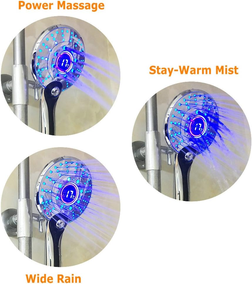 GuDoQi LED Duschkopf, 3 Farben Farbwechsel Temperaturregelung, 3 Strahlarten, Digitale Temperaturanz