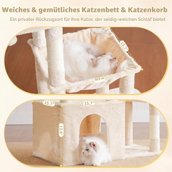 Heybly Kratzbaum 120cm - Grosser Katzenbaum für Erwachsene Katzen mit XL-Basis, Katzenwohnung mit Me