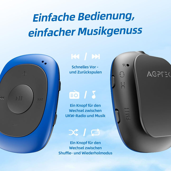AGPTEK MP3 Player mit Clip, Tragbarer Musikplayer mit Integrierten Kopfhörern & Silikonhülle, 8GB mi