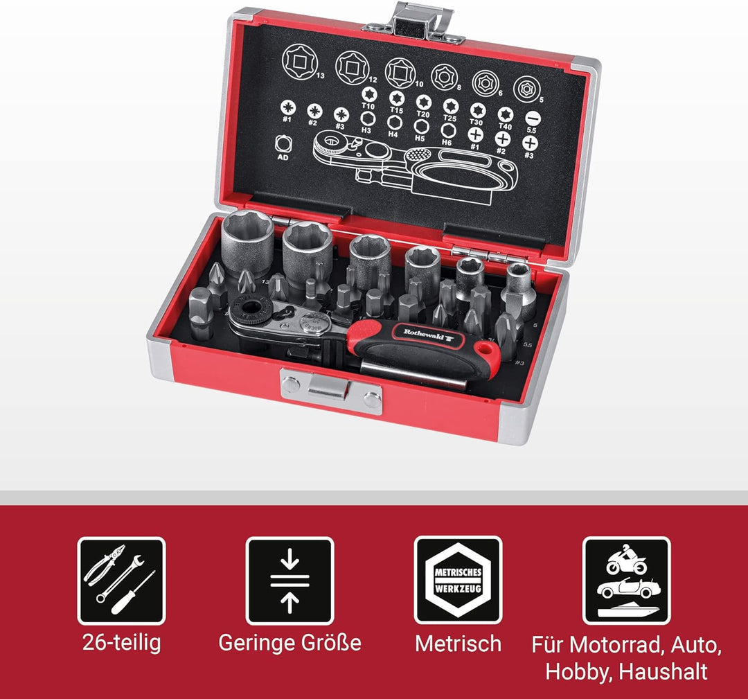 Rothewald Mini-Ratschensatz, Metrisch, 26 Teile, Motorrad-Bordwerkzeug, Ratschen- & Bit-Set, Ideal f