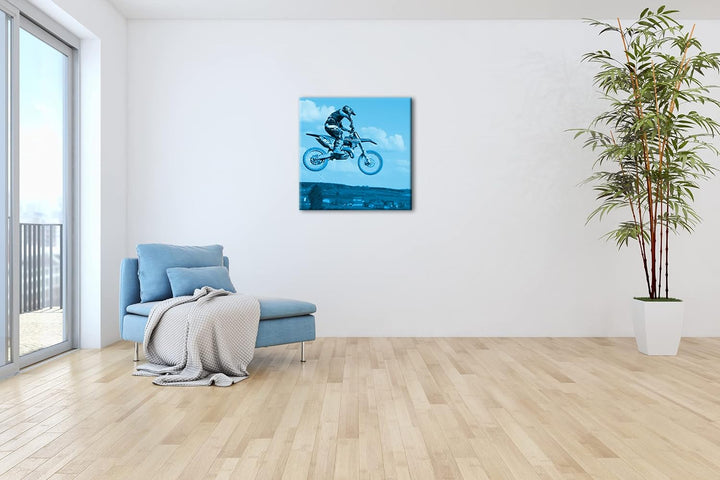 deyoli Motocross Stunt Format: 70x70 Effekt: Monocrome Blau als Leinwandbild, Motiv fertig gerahmt a