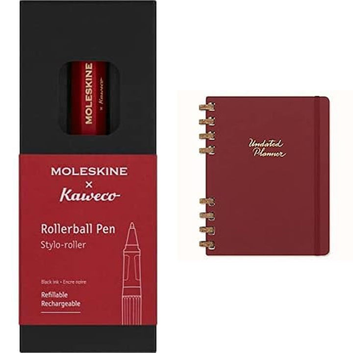Moleskine x Kaweco Tintenroller, Farbe Rot + Undatierter Monatsplaner, 12-Monats-Spiralplaner mit Fe