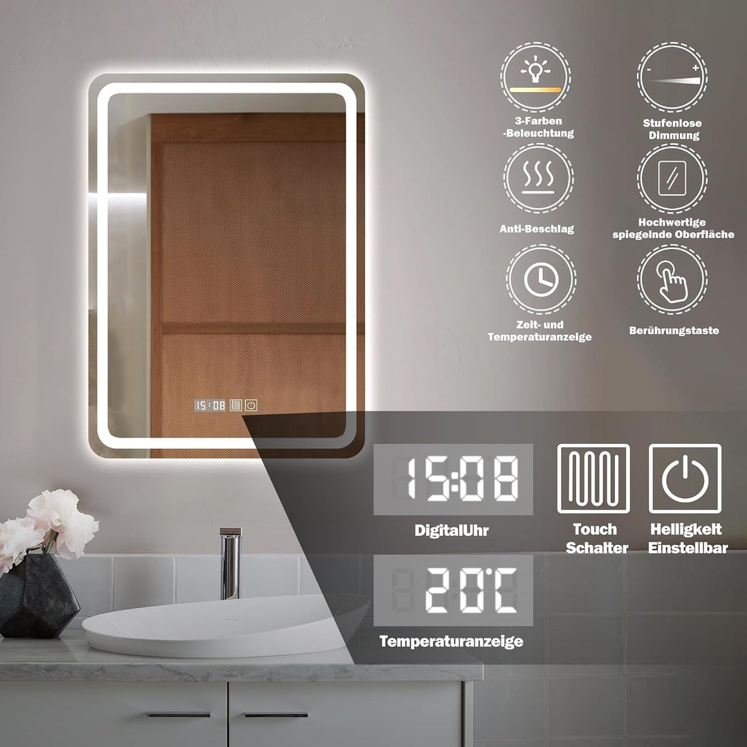 LED Badspiegel mit Beleuchtung, 40x60cm Spiegel mit Stecker, Spiegel mit Licht für Bad, Badezimmersp