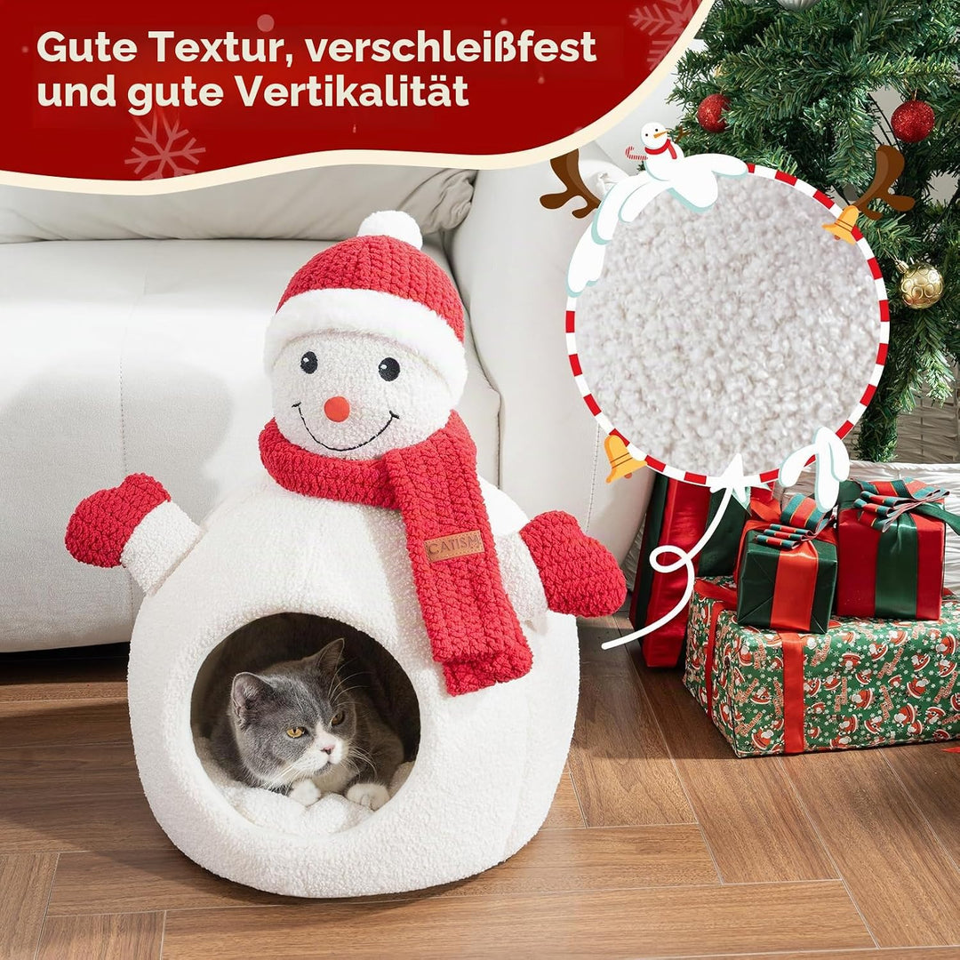 CATISM Weihnachten Katzenhöhle - 42 x 42 x 55 cm Katzenbett für Indoor-Katzen, Niedliche Schneemann