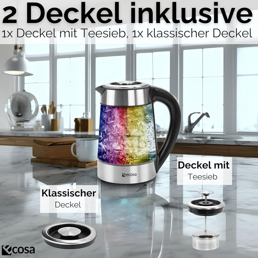 Ecosa® 2in1 Wasserkocher & Teekocher Glas Edelstahl mit Temperatureinstellung & separatem Teesieb Ei