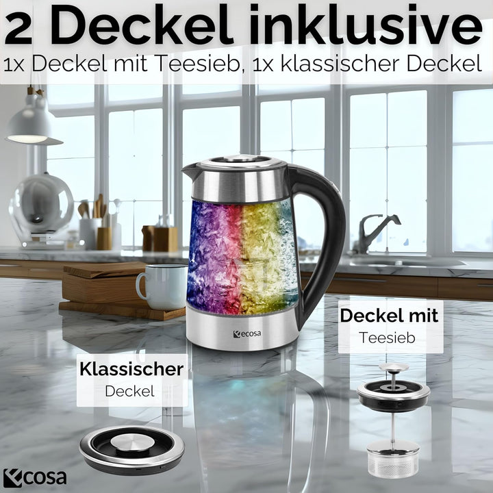 Ecosa® 2in1 Wasserkocher & Teekocher Glas Edelstahl mit Temperatureinstellung & separatem Teesieb Ei