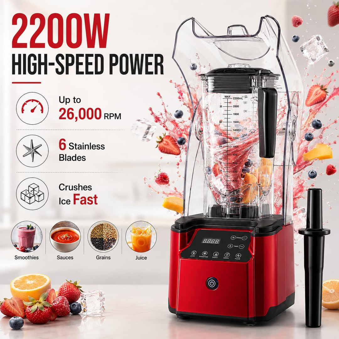 Entsafter‚ Slow Juicer 2200W, 2,2L Hochleistungsmixer mit Schallschutzhaube, Leiser Smoothie Mixer m