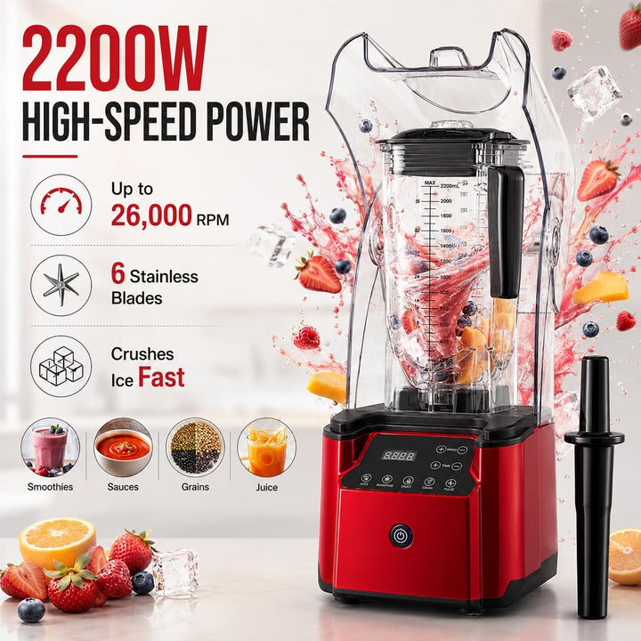 Entsafter‚ Slow Juicer 2200W, 2,2L Hochleistungsmixer mit Schallschutzhaube, Leiser Smoothie Mixer m
