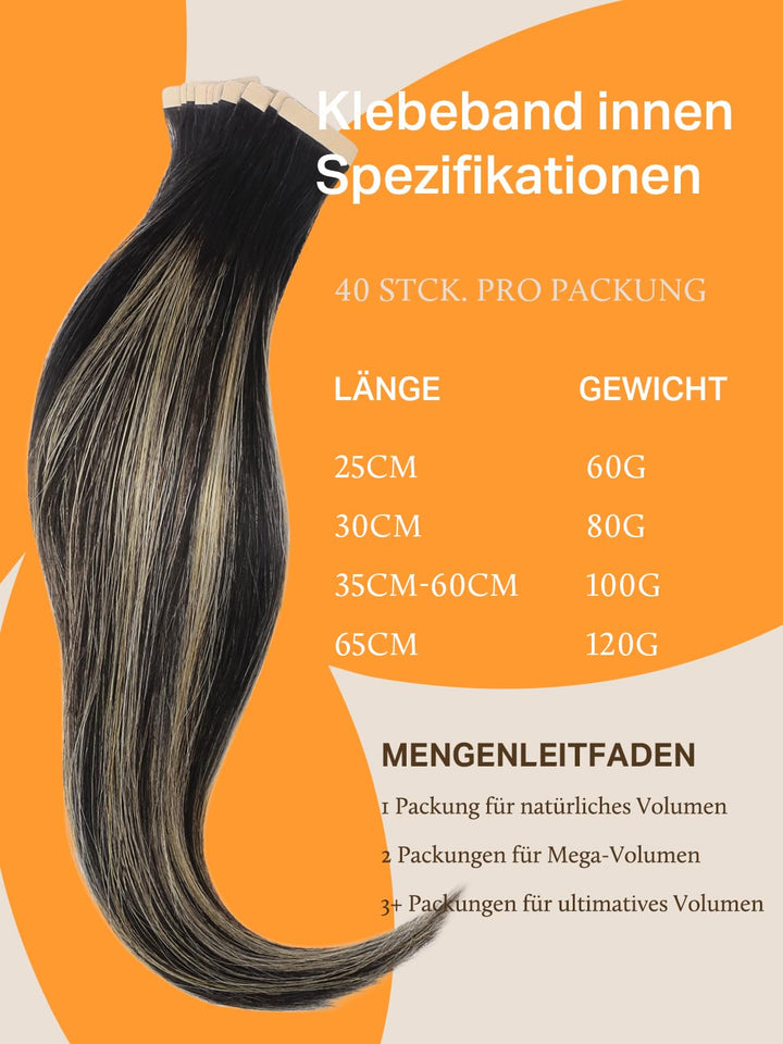 DOORES Extensions Echthaar Tape in, Balayage Natürliches Schwarz bis Hellblond 35cm (14zoll) 100g 40