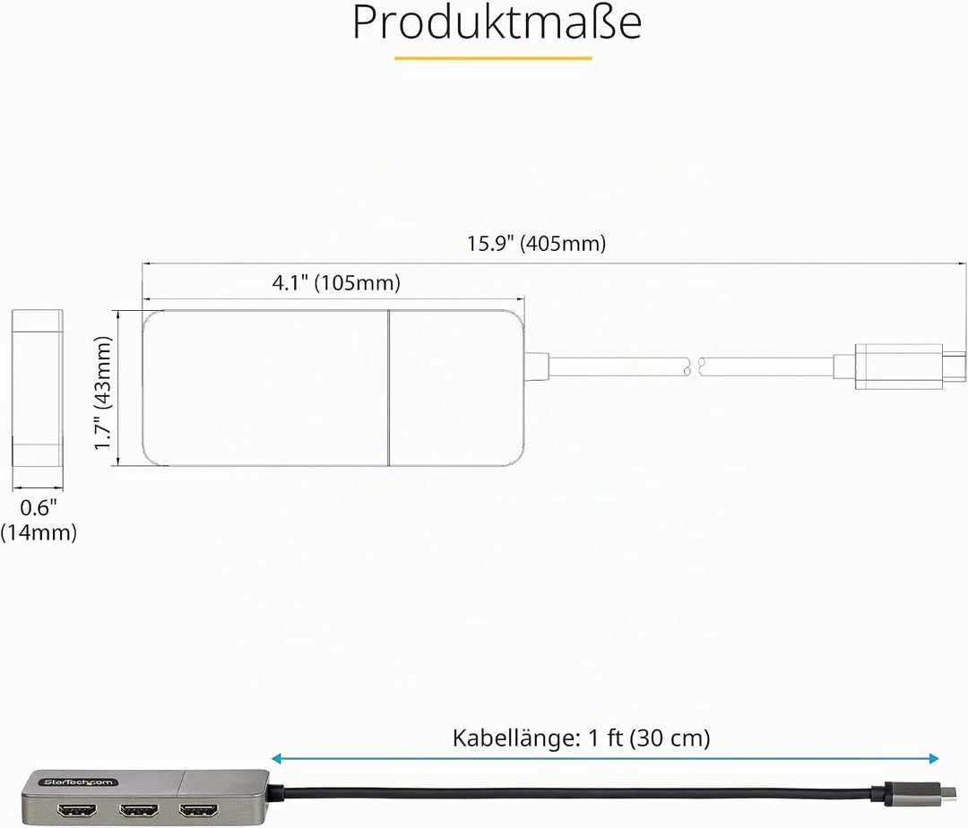 StarTech.com 3-Port USB-C Multi-Monitor Adapter, USB-C auf 3X HDMI MST Hub, Dreifach 4K 60Hz HDMI La