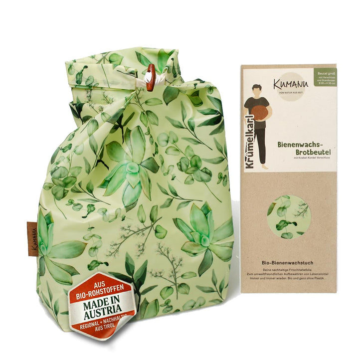 Kumanu |Bio-Bienenwachstuch - Brotbeutel KRÜMELKARL | H 35cm x B 29cm | mit Standboden und Verschlus