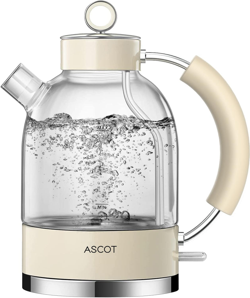 Wasserkocher Glas, ASCOT Elektrischer Wasserkocher Edelstahl, 2200W, 1,5L, Retro Design, BPA frei, l