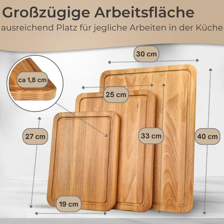 3er Schneidebrett Set - Made in EU,mit Ständer in Premium Qualität Buche, Grösse 27/30/40 cm, Küchen