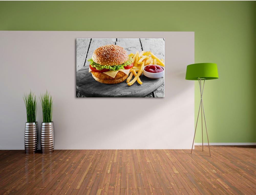 Pixxprint Chickenburger Pommes als Leinwandbild/Grösse: 100x70 cm/Wandbild/Kunstdruck/fertig bespann