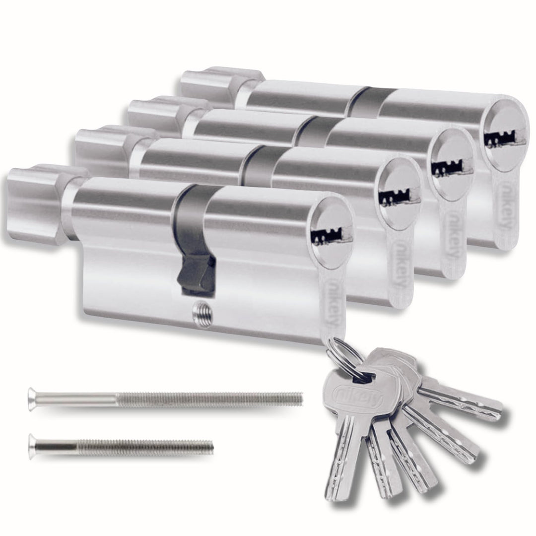 Schliesszylinder 45/45 mm mit 10 Einzelschlüsseln, Set mit 4 Doppelzylindern mit Knauf, 8 Schrauben,