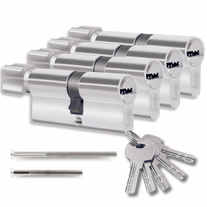 Schliesszylinder 40/40mm mit 10 Einzelschlüsseln, Set mit 4 Doppelzylindern mit Knauf, 8 Schrauben,