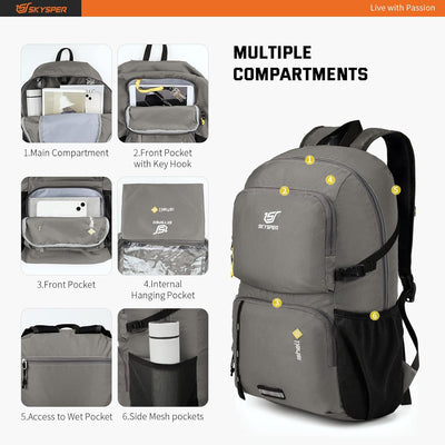 SKYSPER Faltbarer Rucksack Ultraleicht mit Nassfach Verstaubar Daypack Wasserfest Reiserucksack Tage