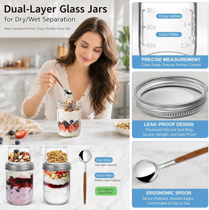 Yuragim 4er Overnight Oats Gläser, 400ml+100ml Müslibecher to go mit Deckel und Löffel, Doppelkammer