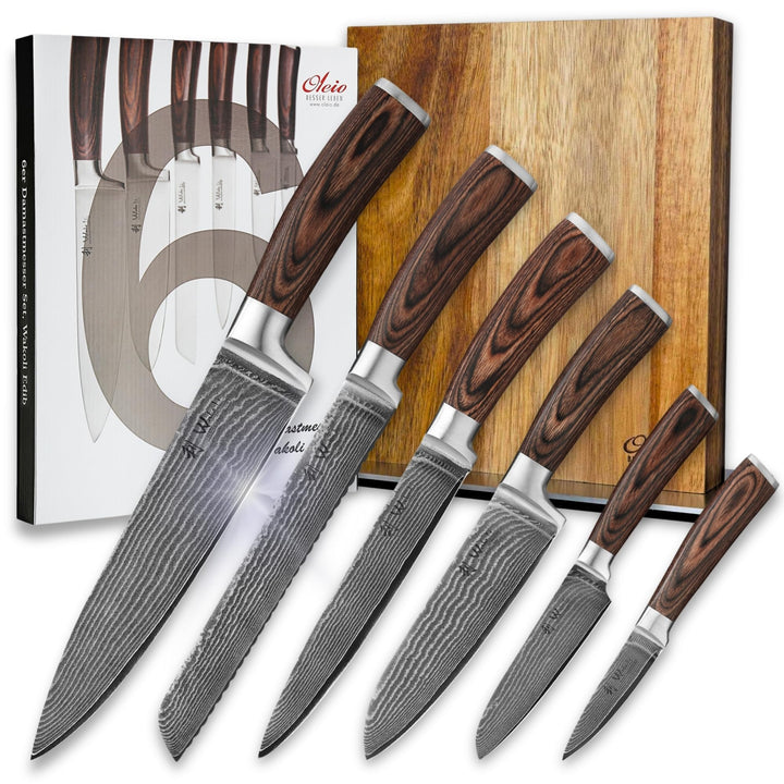 Wakoli 6er Damastmesser Profi Set Edib Serie mit Geschenkox inkl. magnetischem Messerblock aus Akazi