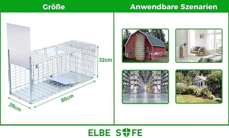 Elbe Safe Lebendfalle, Marderfalle, Katzefalle, Hundefalle, 80 x 29 x 32 cm, wetterfest, leicht zu r