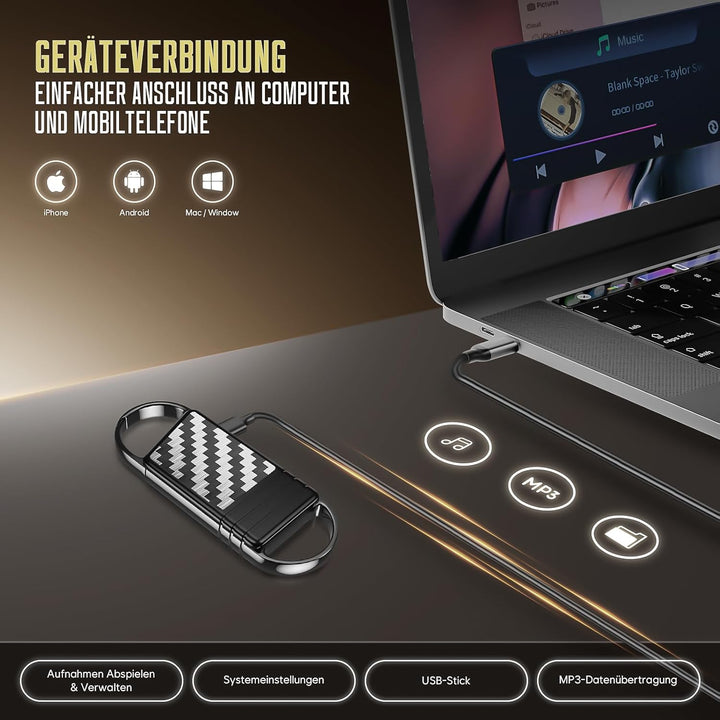 128GB Digitales Diktiergerät - 9600Hr Audio Aufnahmegerät, Aufhängbar Sprachaktivierte Voice Recorde