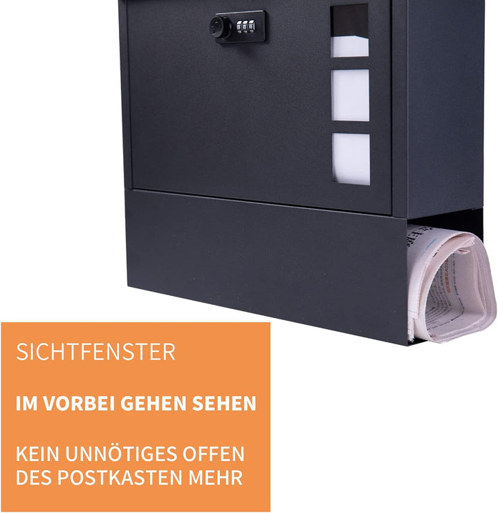 MAITTON Briefkasten mit Zahlenschloss – Schwarz Wandbriefkasten mit Zeitungsfach aus Edelstahl, Mode