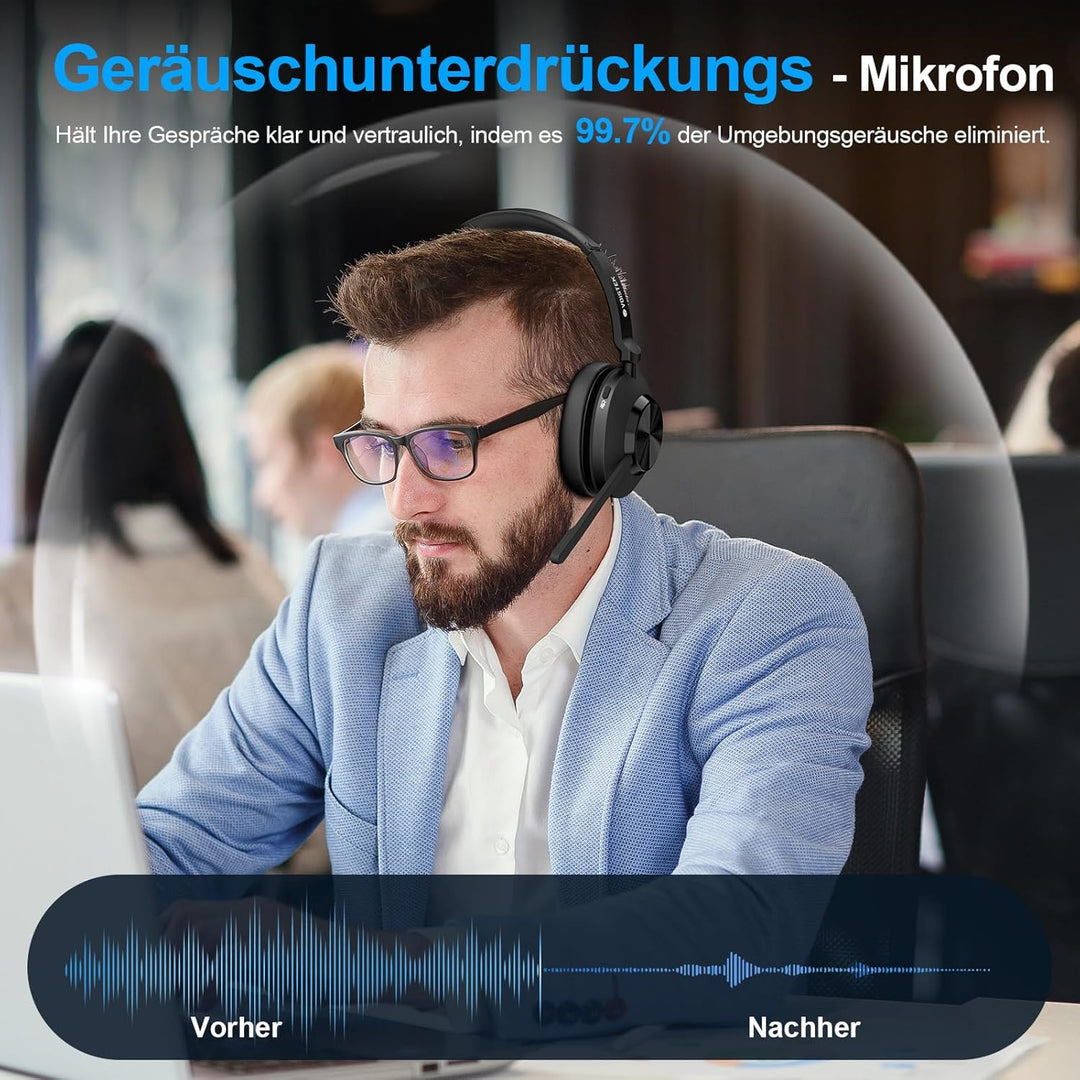 Voistek Kabelloses Bluetooth Headset mit Mikrofon & Rauschunterdrückung, USB Dongle für PC, Ladestat