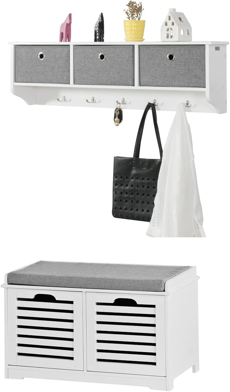 SoBuy Wandgarderobe-Set Flurset Flurmöbel Schuhbank mit Sitzfläche Flurgarderobe FSR23-K-W+FRG282-W