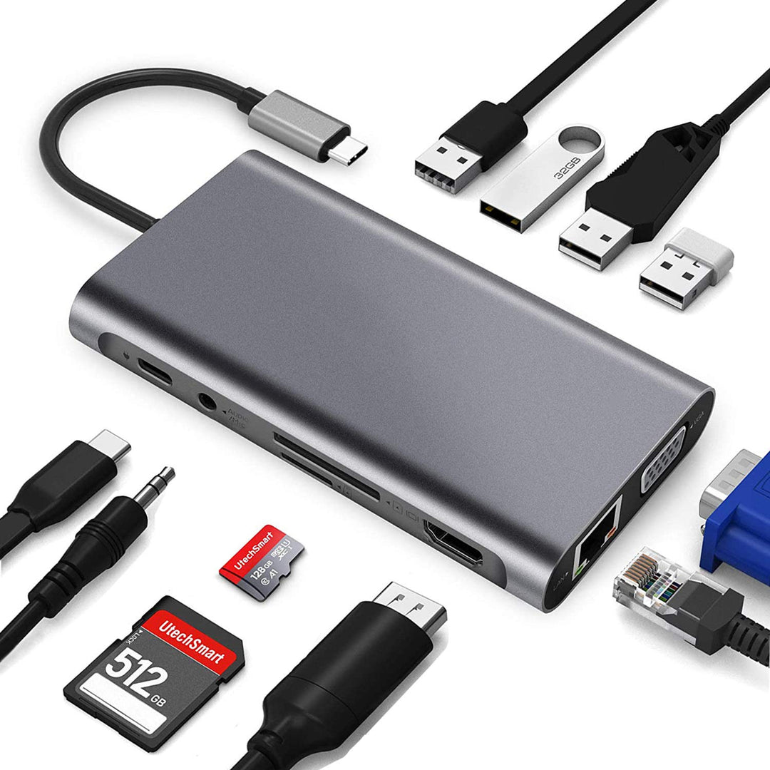 USB C HUB, Docking Station, 11-in-1 USB C Adapter mit 4K-HDMI, VGA, USB 3.0 Port, Type C PD, Etherne