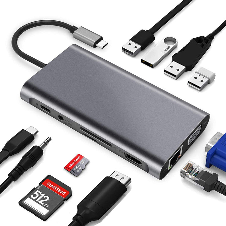USB C HUB, Docking Station, 11-in-1 USB C Adapter mit 4K-HDMI, VGA, USB 3.0 Port, Type C PD, Etherne