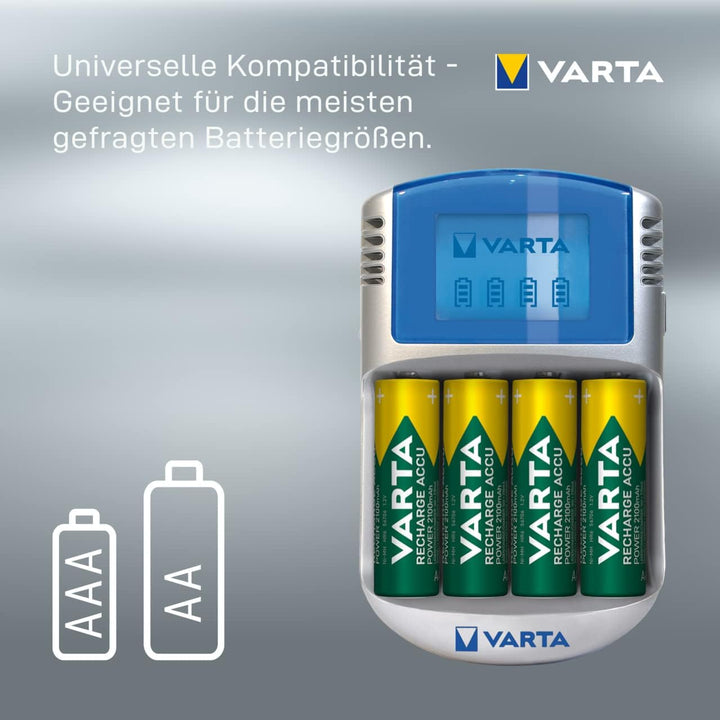 VARTA Akku Ladegerät, inkl. 4X AA 2600mAh, Batterieladegerät für wiederaufladbare AA/AAA, LCD Charge
