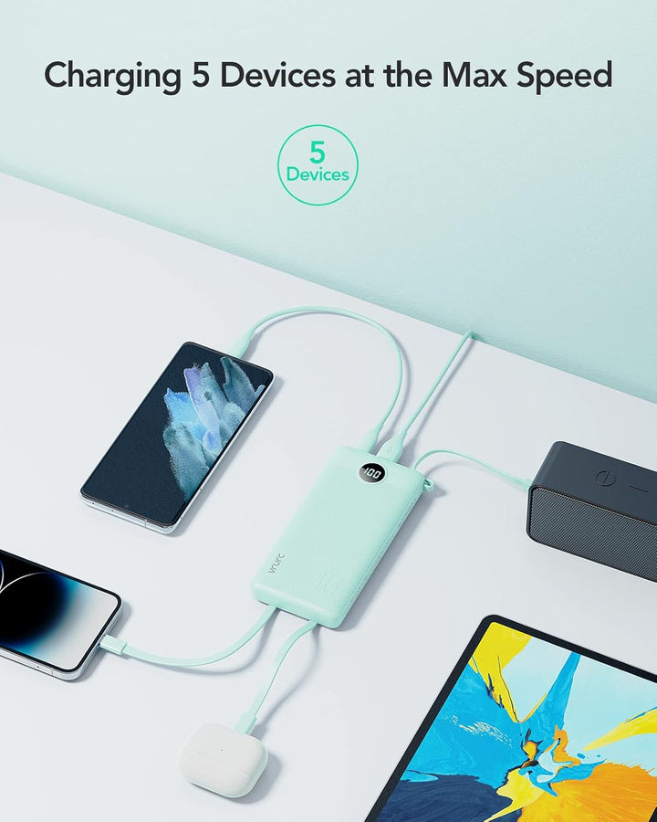 VRURC Powerbank mit Kabel 10000mAh Power Bank Tragbares Ladegerät USB C Externer Handy Akkus LED Dis