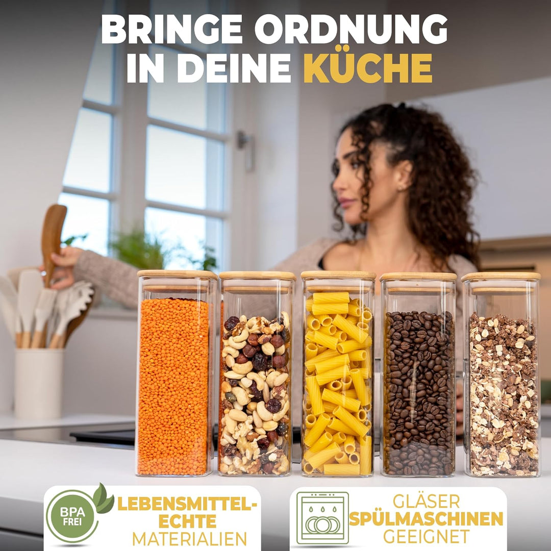 CLIDOR Vorratsgläser mit Deckel, Eckig - 5x 1050ml, Erhöhte Glasstärke, Vorratsdosen mit Deckel luft
