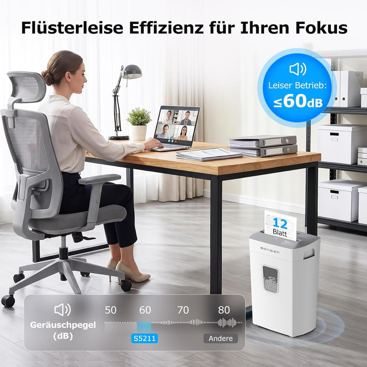 BONSEN Aktenvernichter Mikroschnitt 12 Blatt, Leise 60dB, S5211-W | 21L Behälter, P-4 Sicherheitsstu