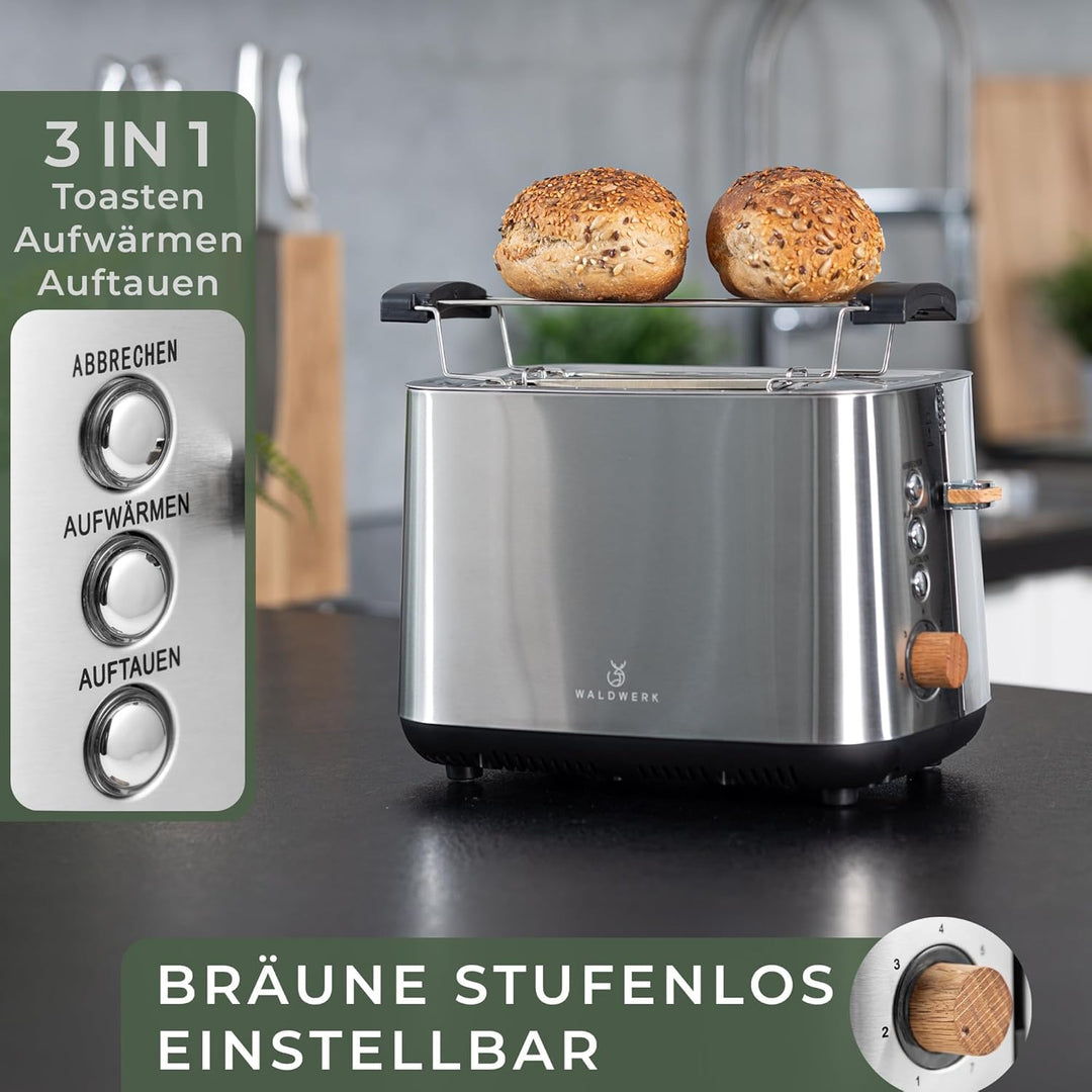 WALDWERK Design Toaster - aus 304 Edelstahl und Eichenholz - für 2 Scheiben - mit Brötchenaufsatz -