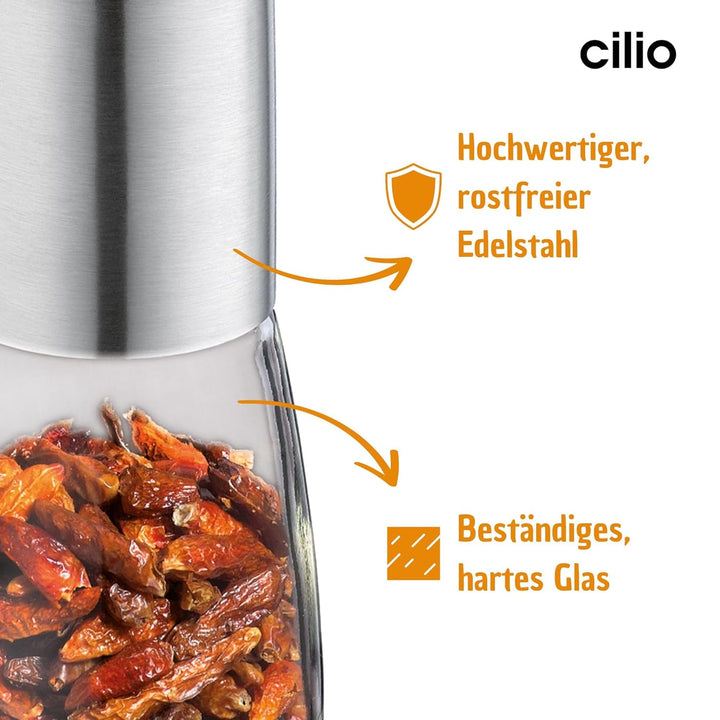 Cilio Chili Mühle PICCANTE | zum Selbstbefüllen | Ø 6,5cm, H: 14,5cm | mit Verschlusskappe | inkl. b