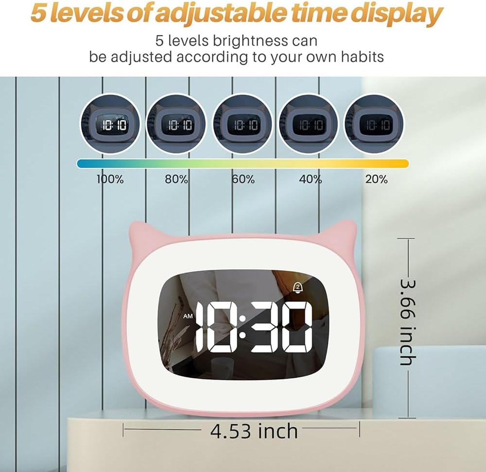 Kinderwecker Digital, Wecker mit Licht, 18 Musik Klingeltöne, 5 Helligkeitsmodi, 12/24 Stunden, USB-