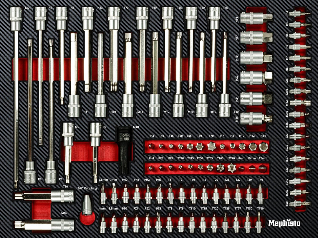Mephisto 8 Werkzeugeinlagen mit Werkzeug wie Ratschen- Set | Steckschlüssel, Schraubendreher, Hammer