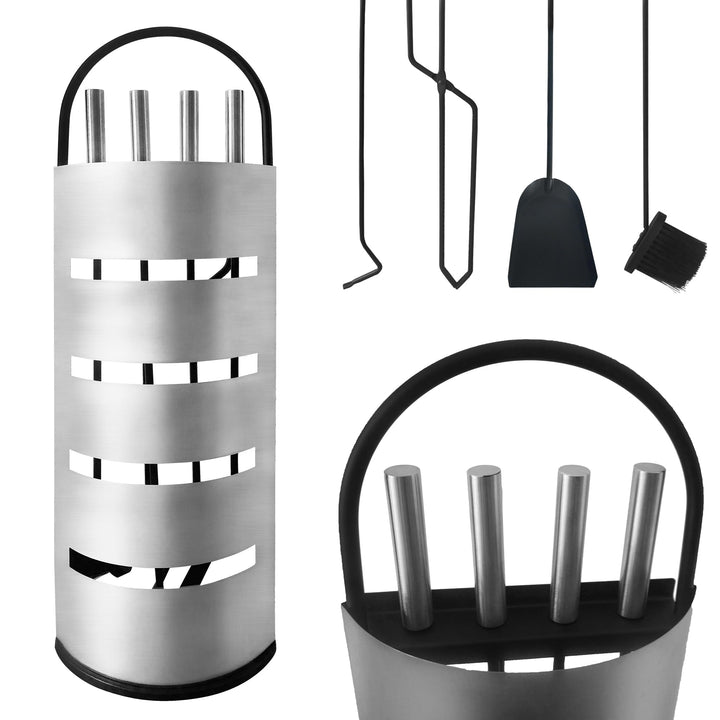 Edelstahl Kaminbesteck 5-Teilig Modern Ofenbesteck Set mit Metallgriff Kaminofen Besteck inkl. Schür