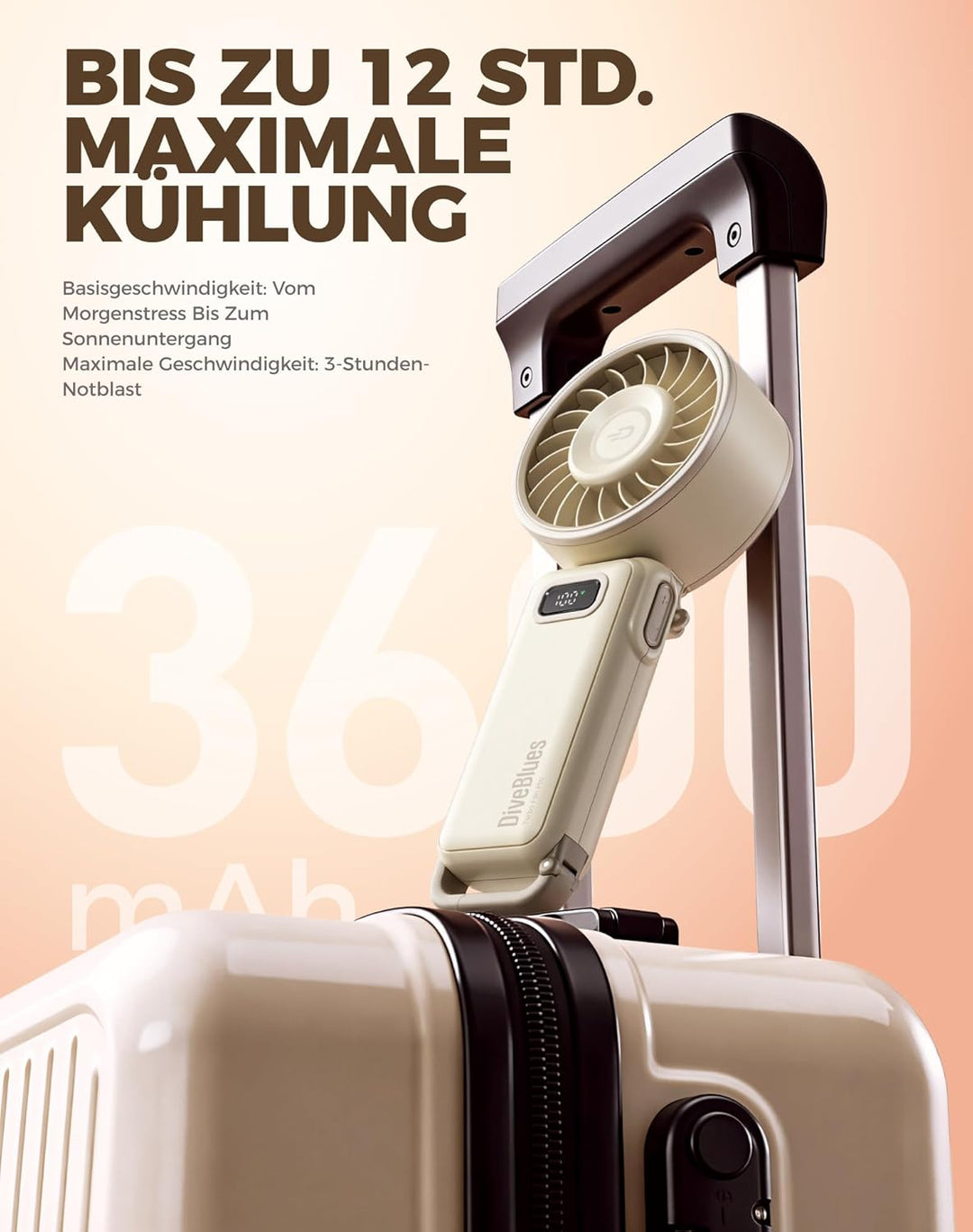 Diveblues Handventilator Tragbarer Turbo-Ventilator mit 100 Stufen und 7.4m/s Starkem Luftstrom, 180