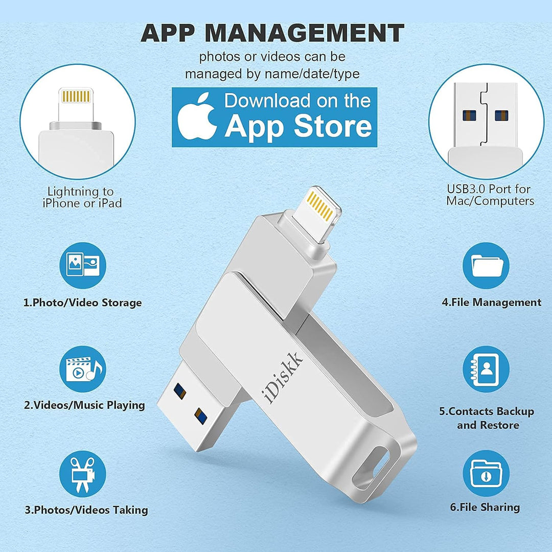 iDiskk 256 GB MFi-zertifizierter Fotostick für iPhone, USB-Stick für iPad mit Lightning Memory Stick