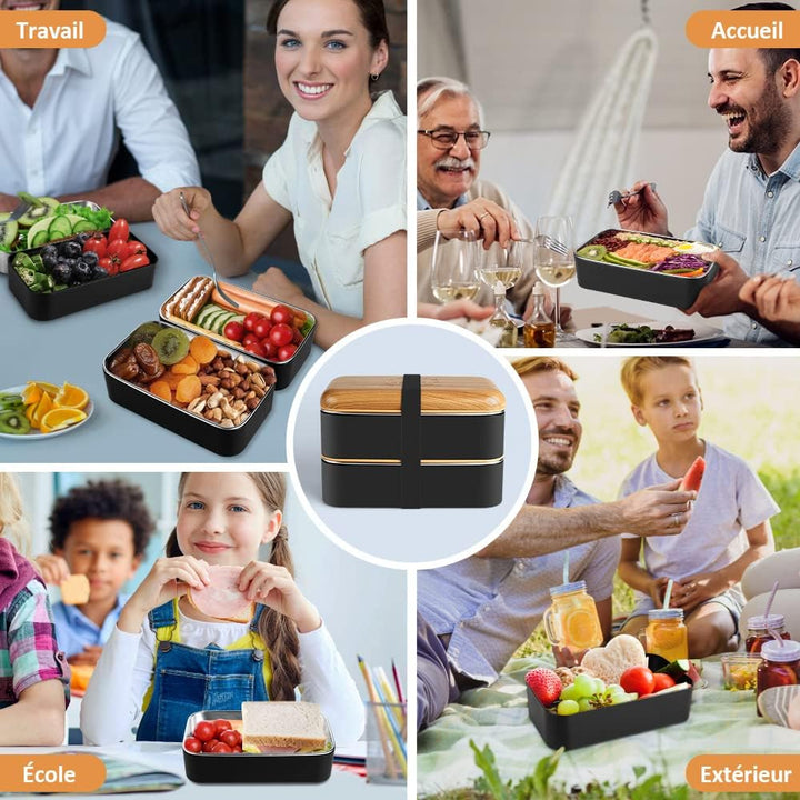 Bento Box im japanischen Stil 2-stufige Lunchbox mit 2 Stück umweltfreundlichem PP-Behälter und Edel