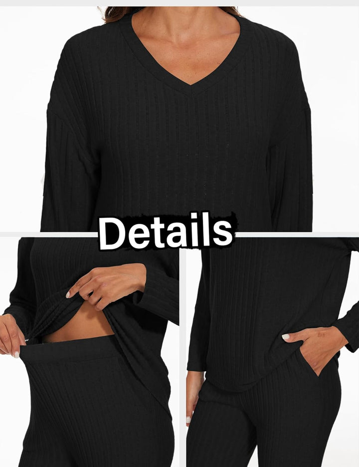 Schlafanzug Damen Lang Zweiteiler Nachtwäsche Set Warm Pyjama mit V-Ausschnitt Top und Hosen mit Tas