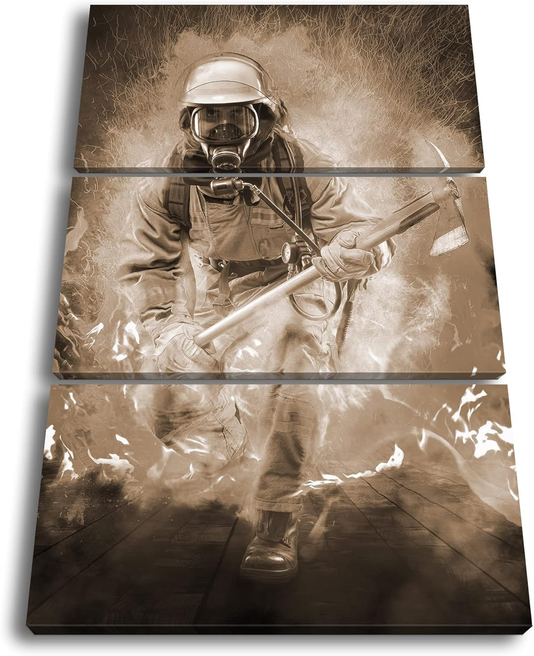 deyoli Feuerwehrmann im Einsatz Format: 3Teilig Effekt: Sepia als Leinwandbild, Motiv fertig gerahmt