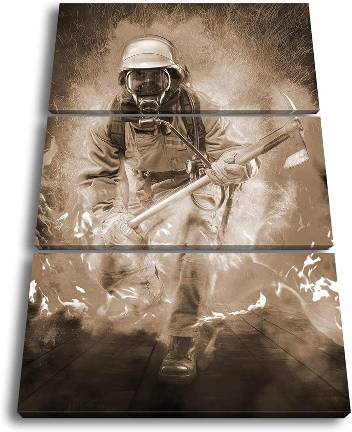 deyoli Feuerwehrmann im Einsatz Format: 3Teilig Effekt: Sepia als Leinwandbild, Motiv fertig gerahmt