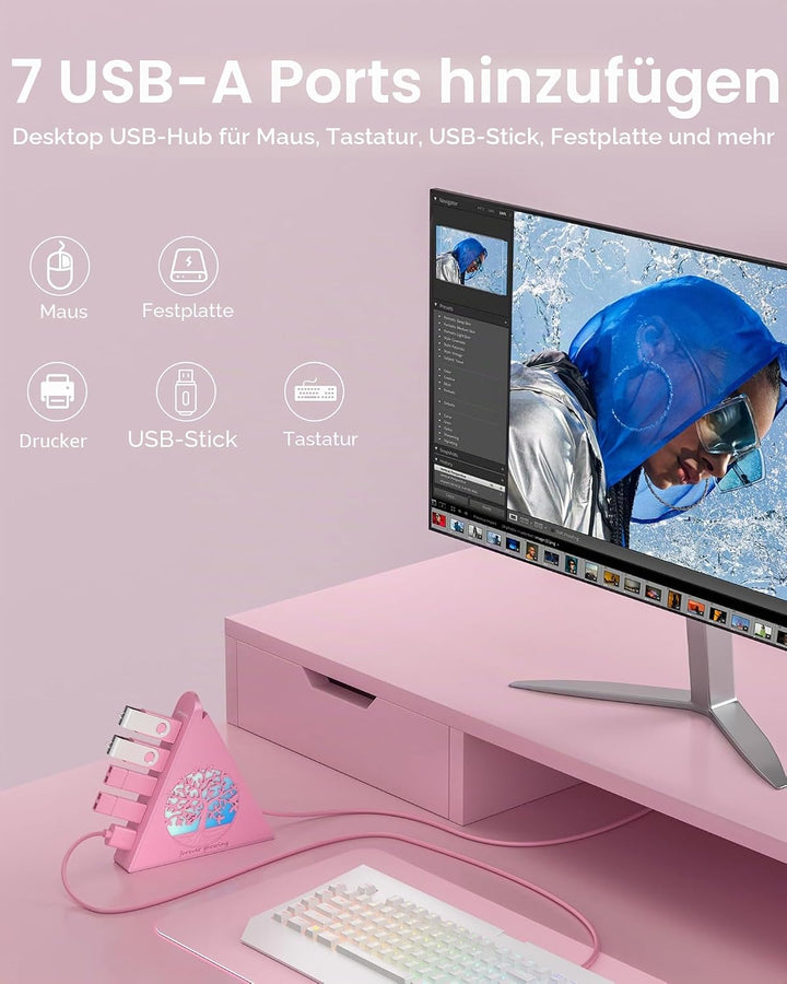 7-Port USB 3.0 Hub, RGB USB Hub mit RGB Baumlicht und 0,6m Kabel, USB Hub 3.0 Rosa USB Expander für